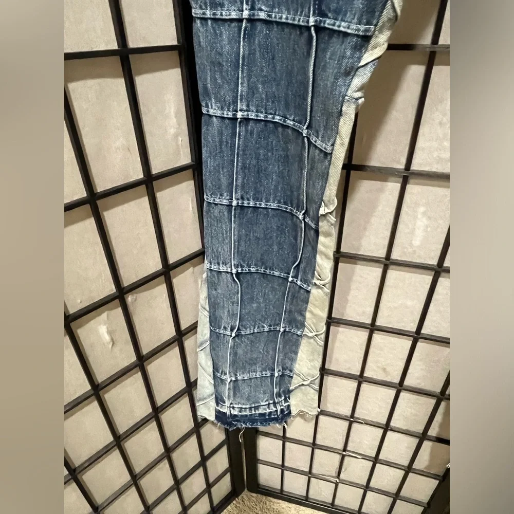 MNML TOKYO FRAYED HEM WINDOW PANE STACKED BUTTON FLY 5 POCKET JEANS SIZE 31X34